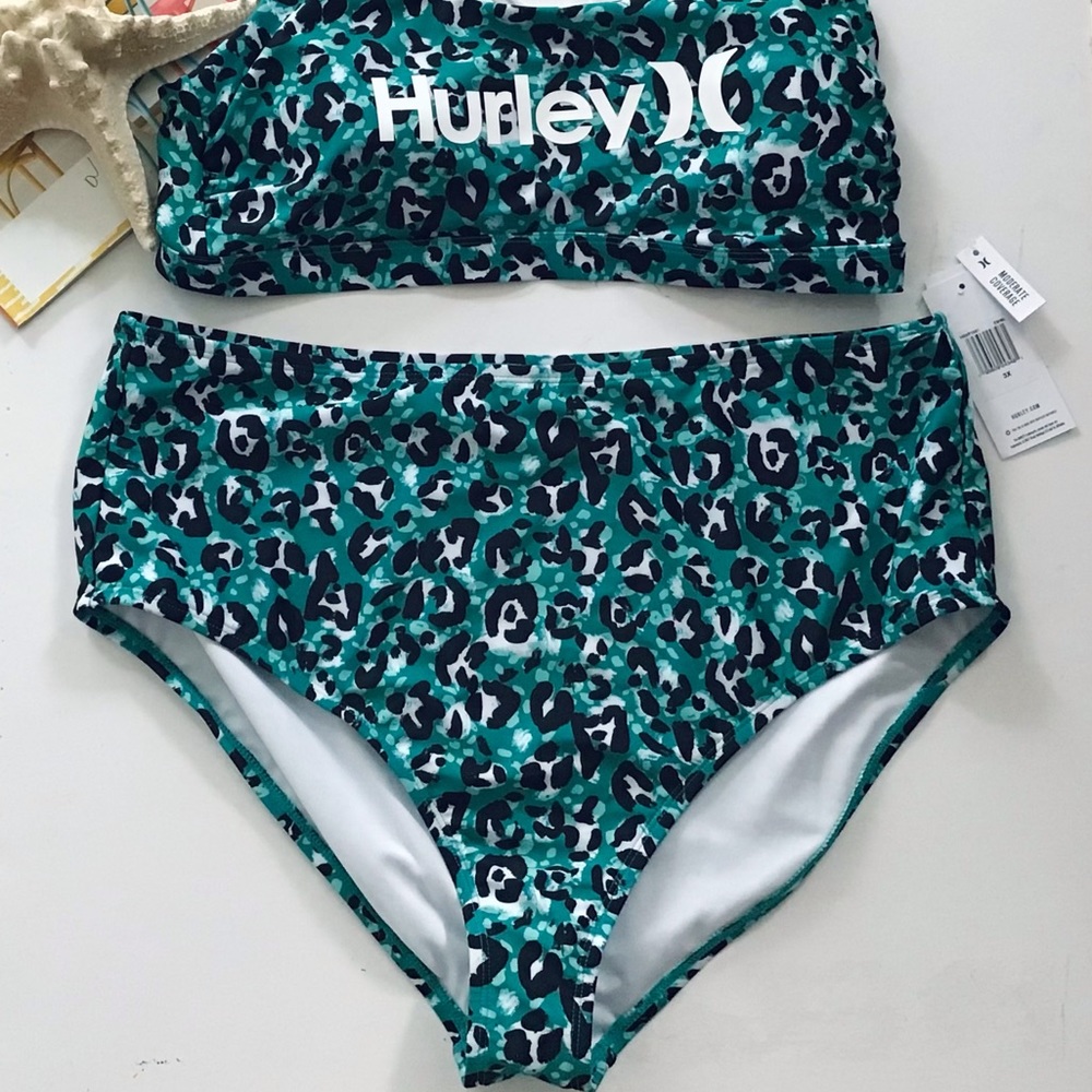 HP🎉 Hurley green, black and white animal print two piece bathing suit NWT - Picture 6 of 16